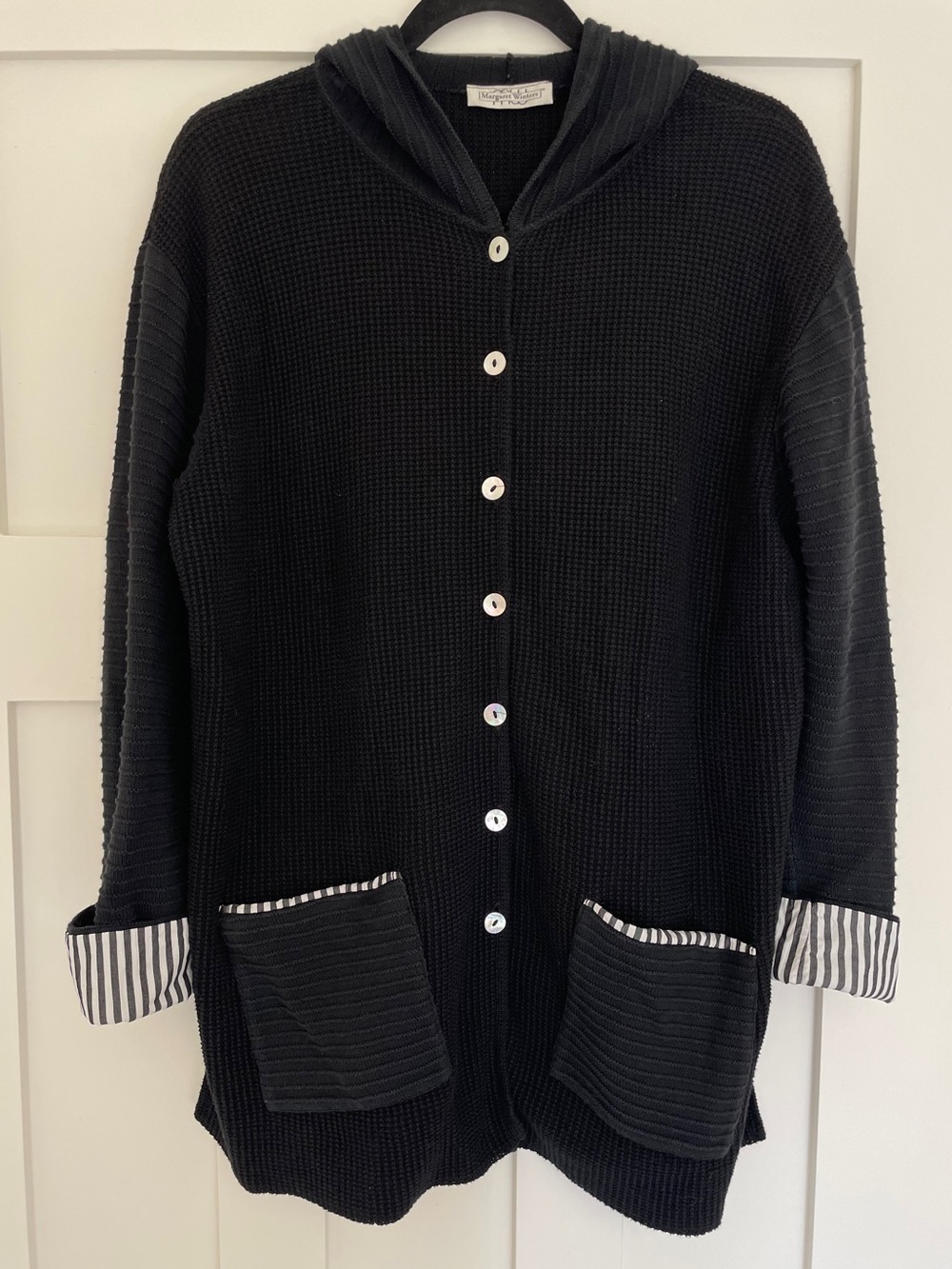 Margaret Winters Cotton Textured Knit Button Front Hooded Cardigan Whimsical